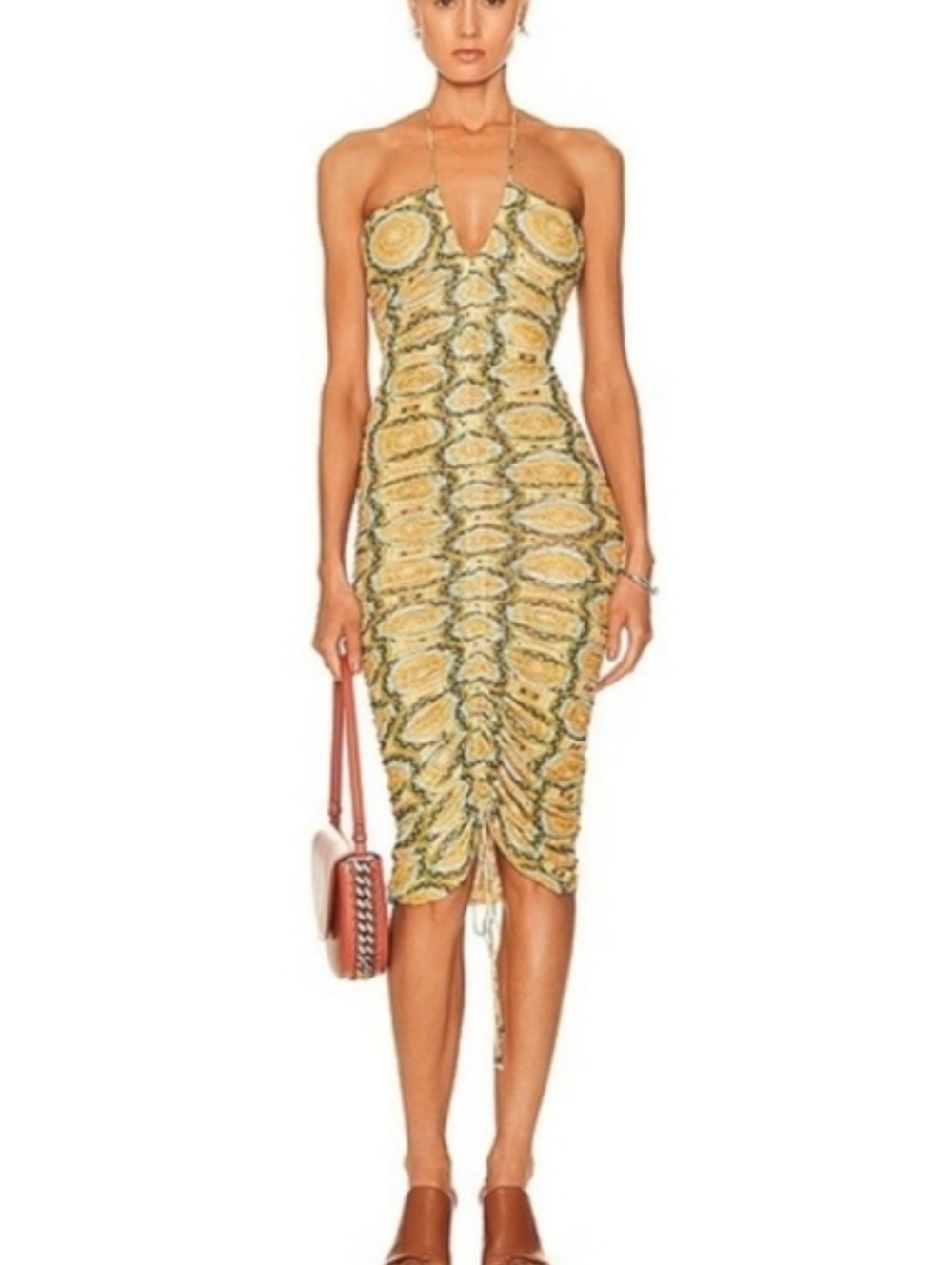 ALEXIS Ziano Rouched Halter Mustard Tribal Print Midi Dress